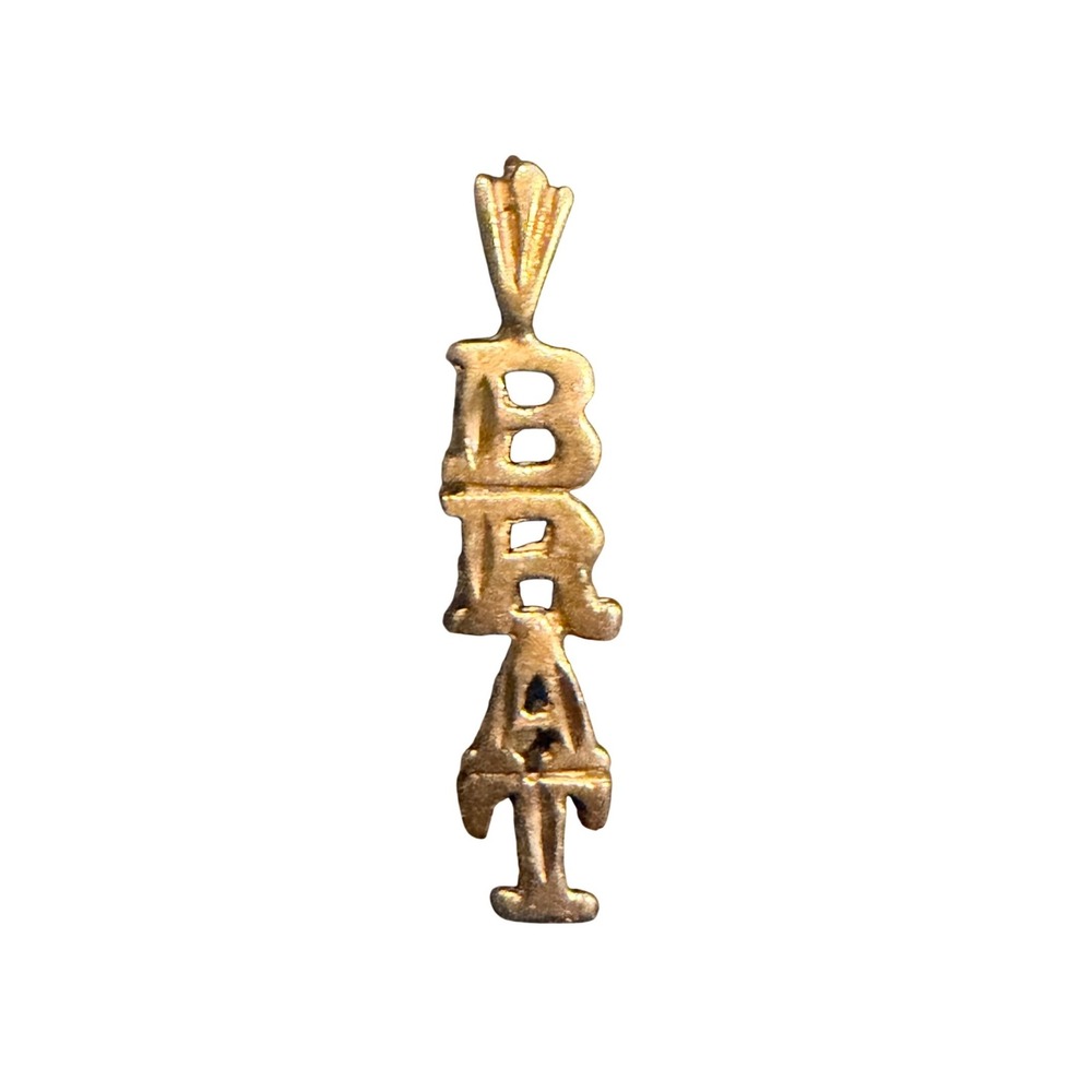 Vintage Gold Tone BRAT Vertical Script Pendant Charm Nugget Back 0.75 Inch